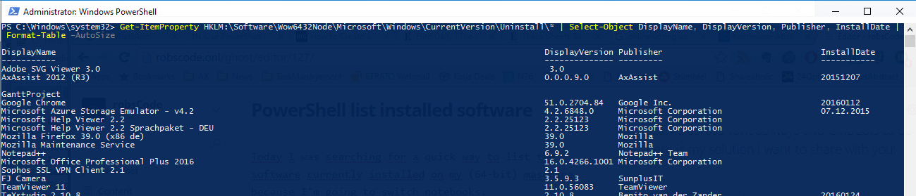 PowerShell output console installed software